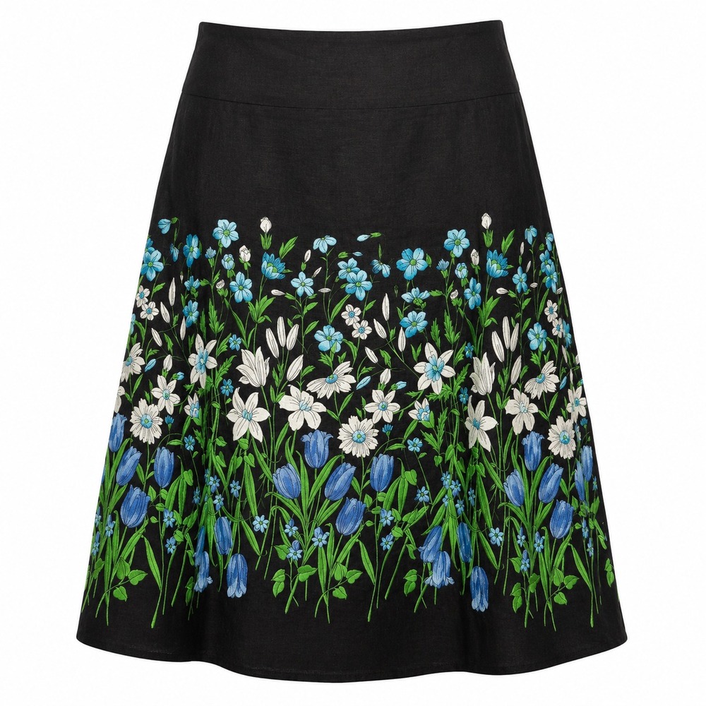 Whimsical Cottagecore Floral Linen Skirt Women Sz 8 Romantic Meadowcore Fairy